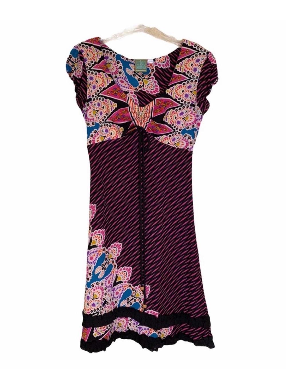 Urban Nomad Cap Sleeve Midi Dress in Black with Pink & Blue Floral Accents